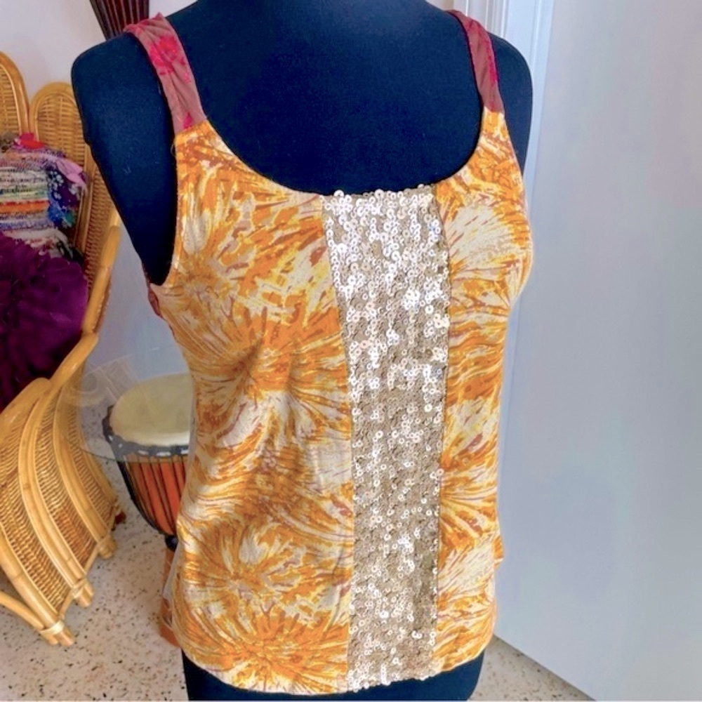 ANTHROPOLOGIE TINY Sleeveless Top! Multi Fabric Top with sequins down the front